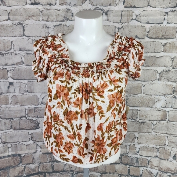 Free People Suki  Blouse Ivory Floral Size Small Billowy Boho Cream Terracotta - Picture 5 of 16